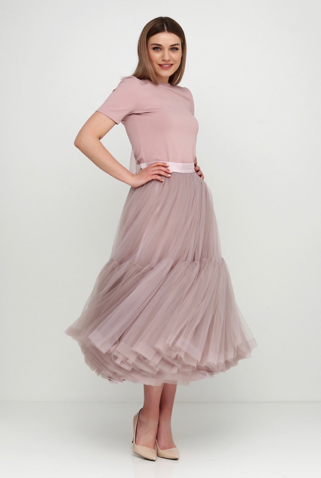 Dusty pink tulle midi skirt sale